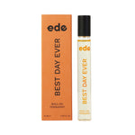 Best Day Ever Roll On Therapist, orange box and glass bottle containing our organic aromatherapy roll on oil. Contains essential oils rosemary, basil, lavender and bergamot to help boost confidence and feel good.