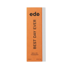 Best Day Ever Roll On Therapist, orange box containing our organic aromatherapy roll on oil. Contains essential oils rosemary, basil, lavender and bergamot to help boost confidence and feel good.