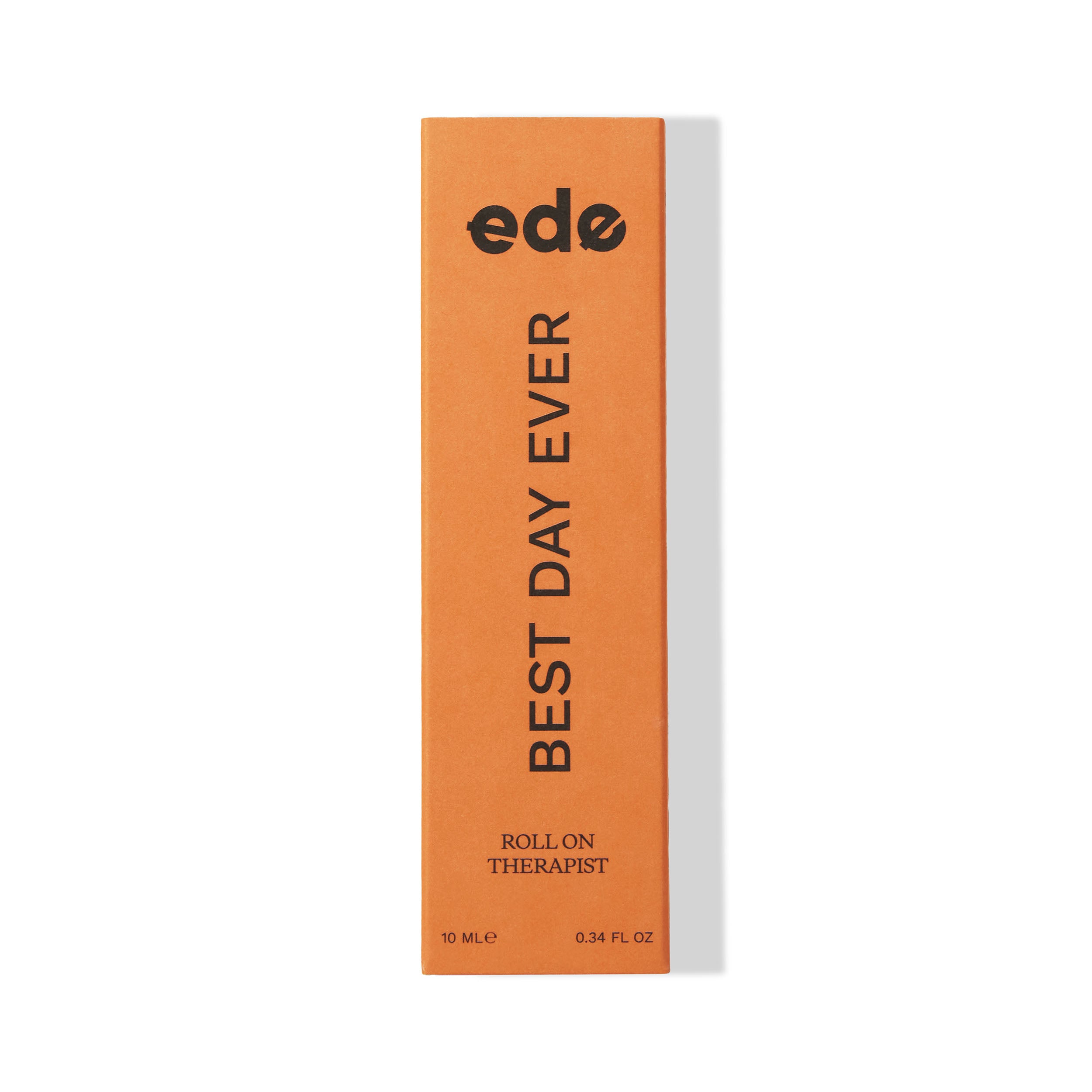 Best Day Ever Roll On Therapist, orange box containing our organic aromatherapy roll on oil. Contains essential oils rosemary, basil, lavender and bergamot to help boost confidence and feel good.