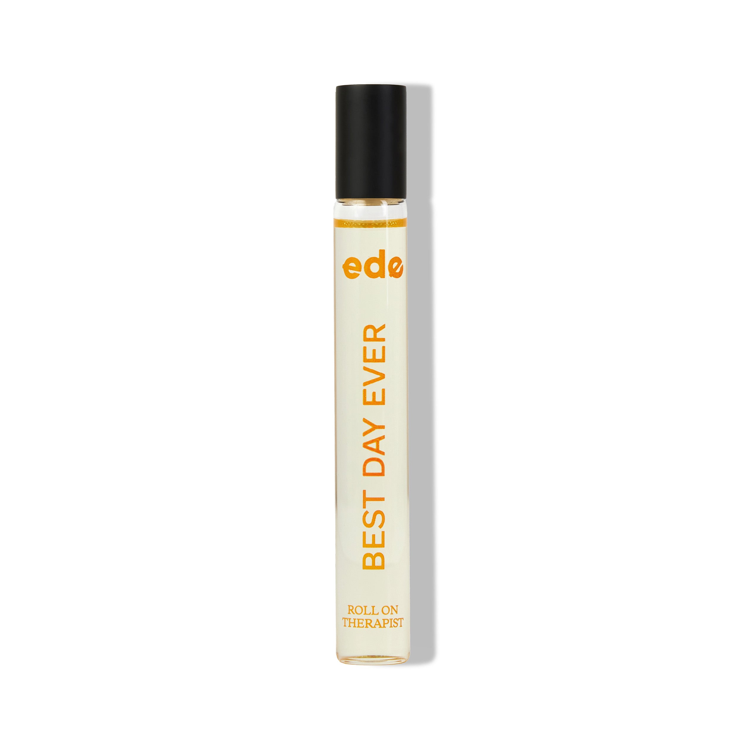 Best Day Ever Roll On Therapist, glass bottle containing our organic aromatherapy roll on oil. Contains essential oils rosemary, basil, lavender and bergamot to help boost confidence and feel good.