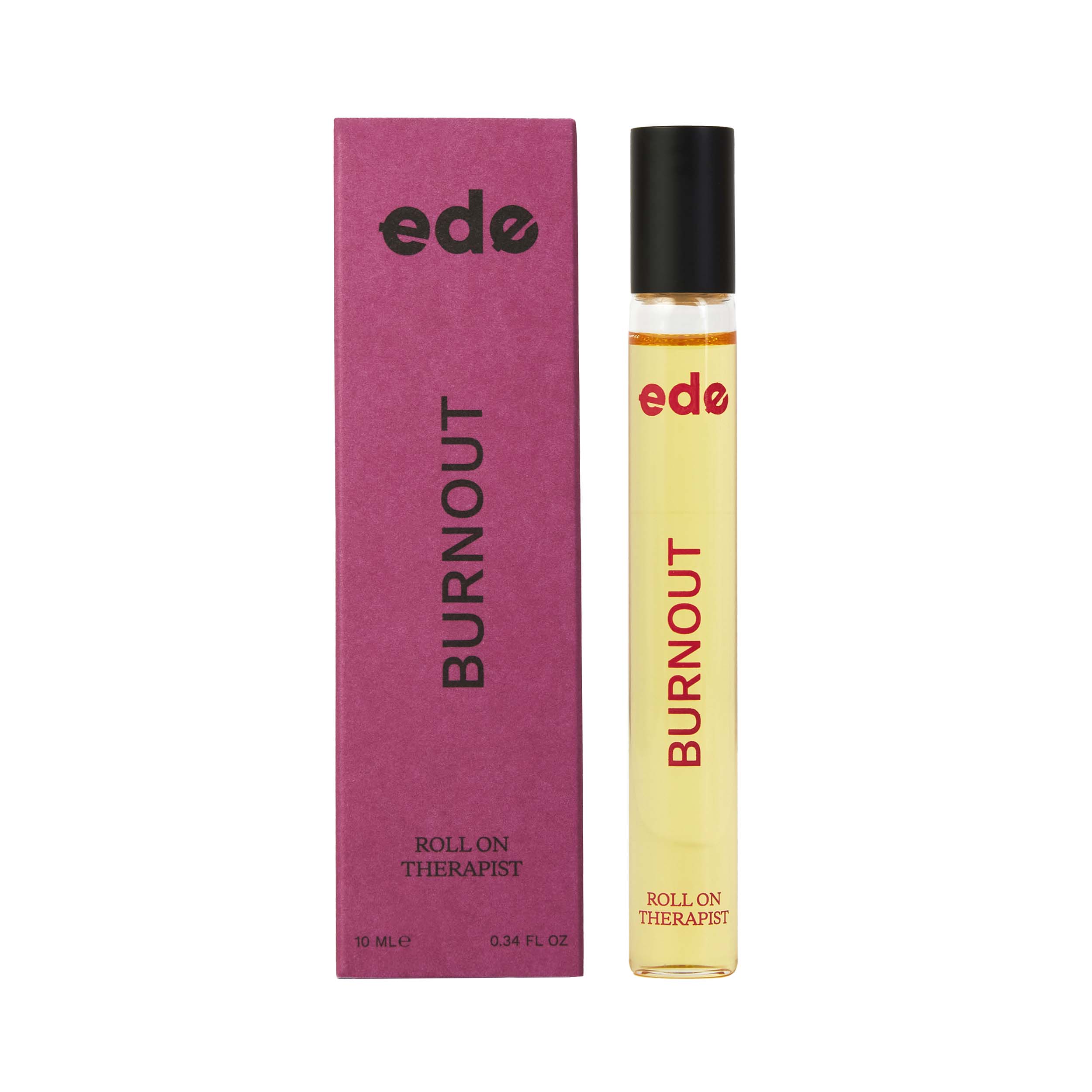 Burnout Roll On Therapist, fuchsia coloured box and 10ml glass bottle containing our organic aromatherapy roll on oil. Contains essential oils petitgrain, geranium, lavender and clary sage to help reduce overwhelm from burnout.