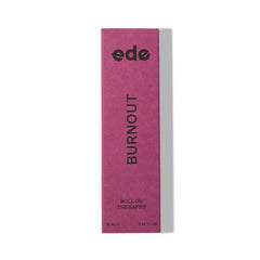 Burnout Roll On Therapist, fuchsia coloured box containing our organic aromatherapy roll on oil. Contains essential oils petitgrain, geranium, lavender and clary sage to help reduce overwhelm from burnout.