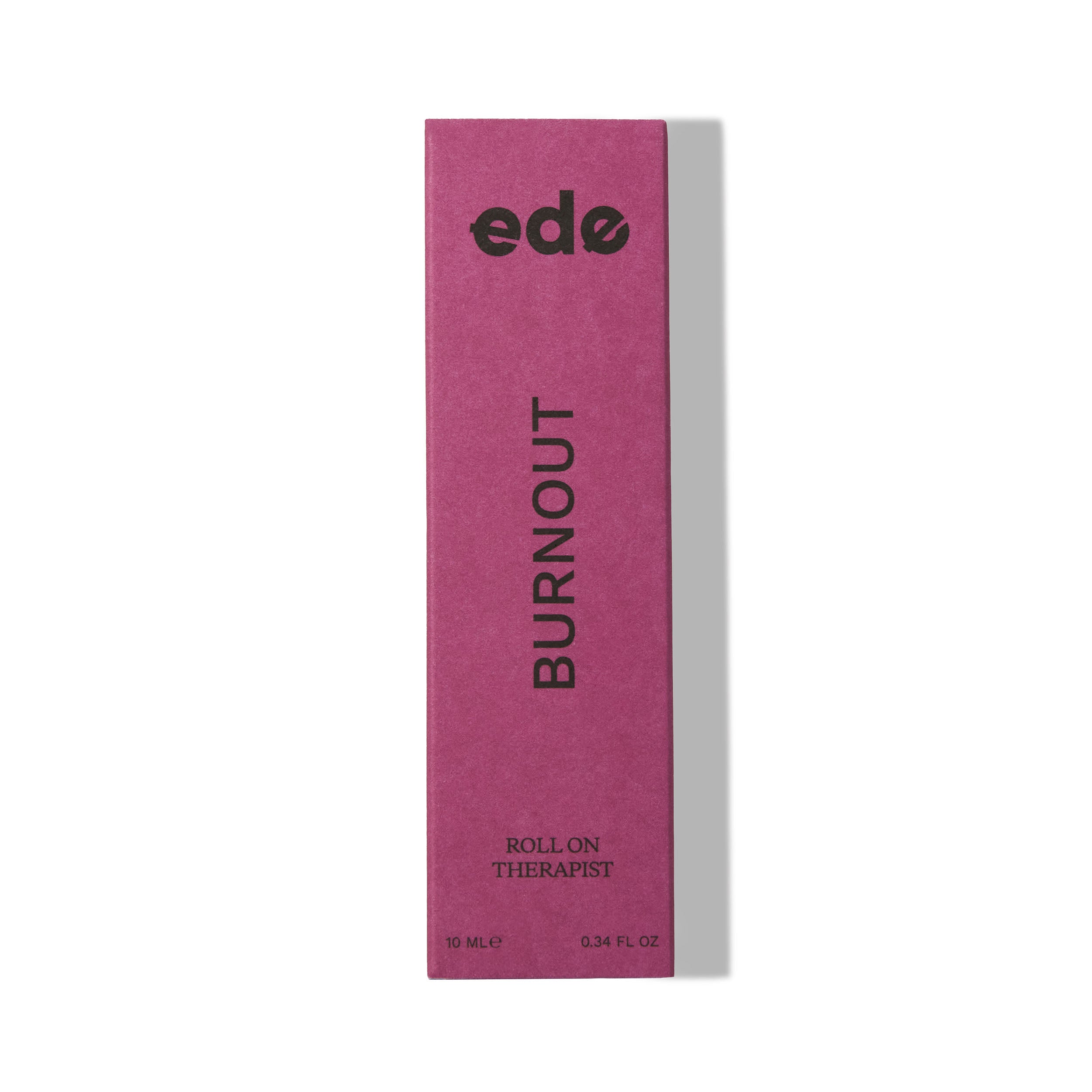 Burnout Roll On Therapist, fuchsia coloured box containing our organic aromatherapy roll on oil. Contains essential oils petitgrain, geranium, lavender and clary sage to help reduce overwhelm from burnout.