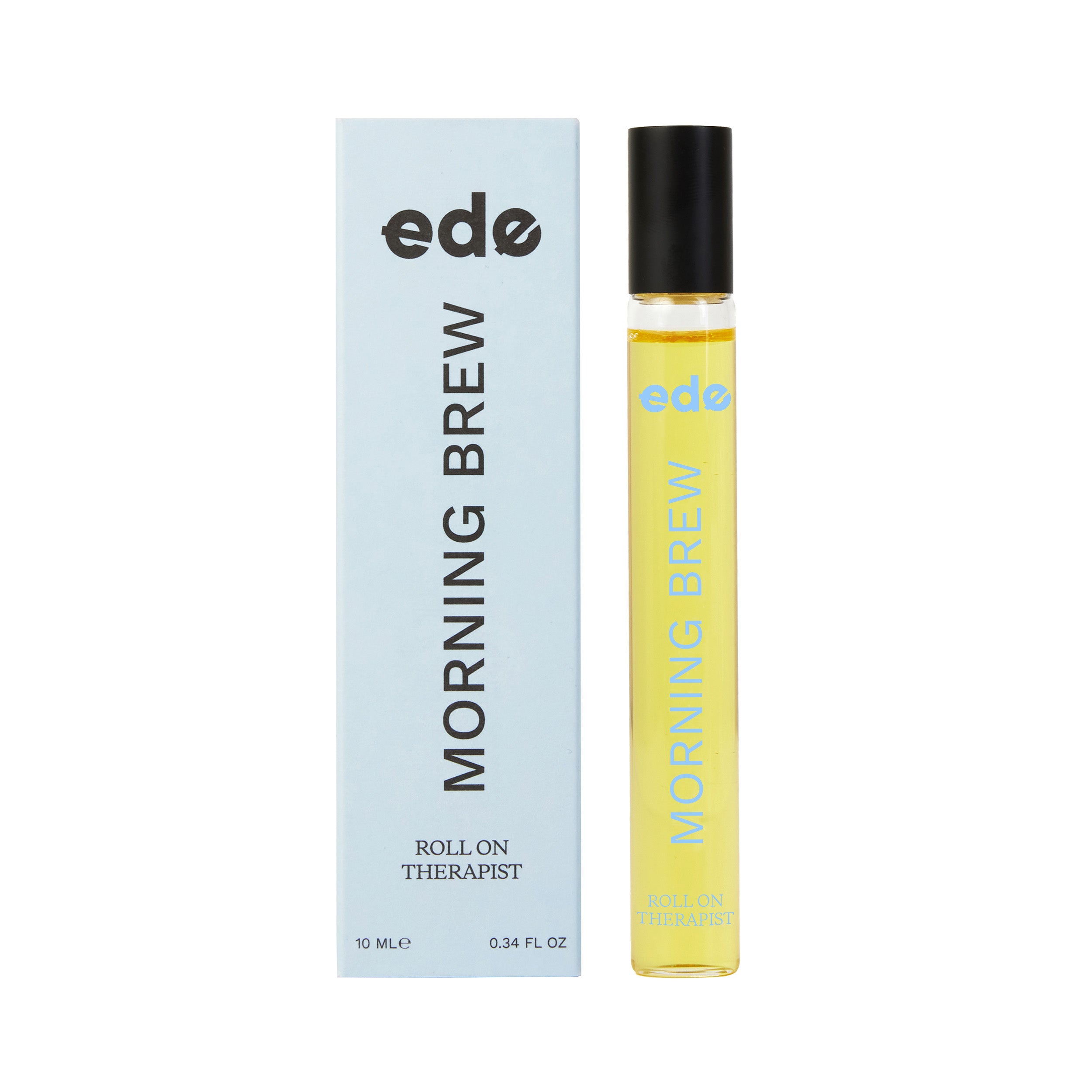 Morning Brew Roll On Therapist, blue box and 10ml glass bottle containing our organic aromatherapy roll on oil. Contains essential oils orange, lime, ginger and grapefuit to help boost energy, concentrate and soothe brain fog.